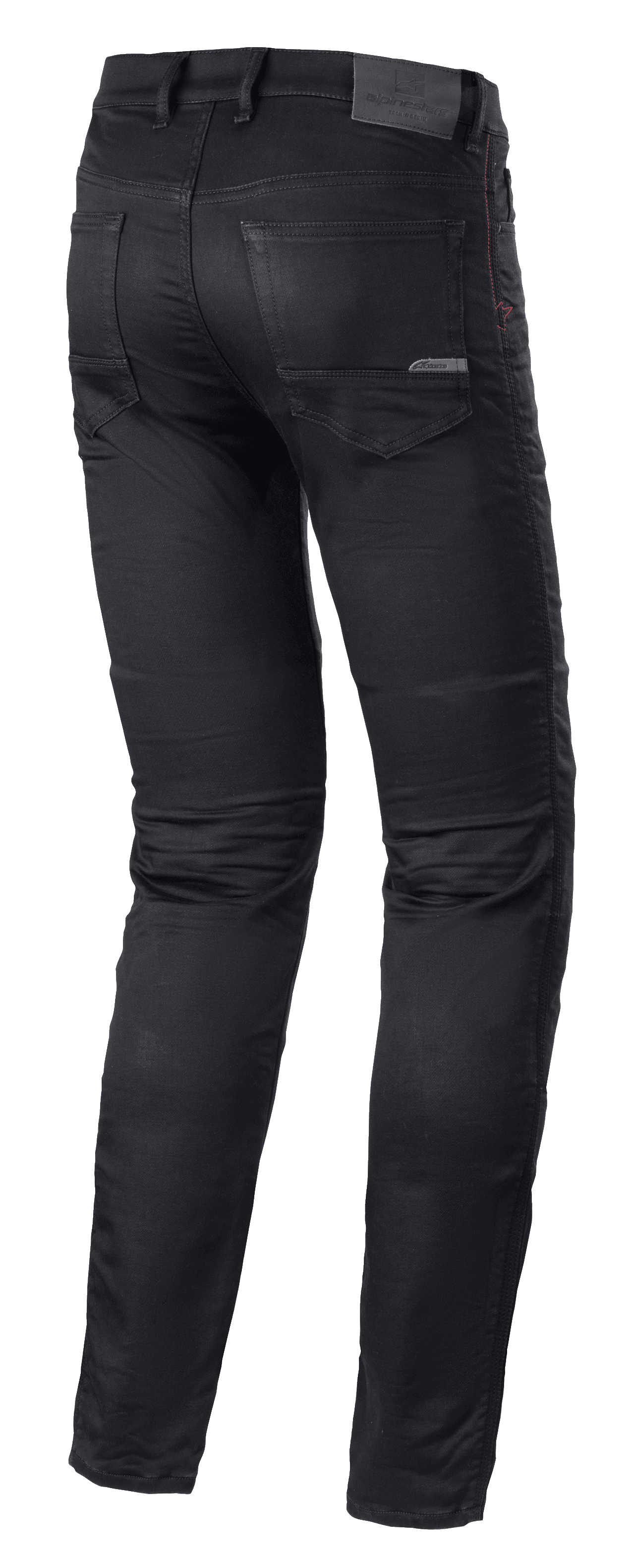 Alpinestars Cerium Tech Stretch Riding Denim, calças de ganga para motociclismo, Black Rinse, design slim fit, vista traseira com construção de perna pré-moldada, bolsos traseiros e etiqueta de couro na cintura com marca em relevo