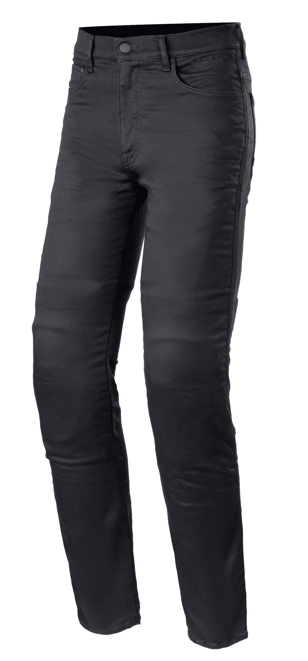 Alpinestars Cerium Tech Stretch Riding Denim, calças de ganga para motociclismo, preto, corte justo com fecho de botão, design de cinco bolsos com passantes para cinto, tecido stretch durável com costuras visíveis