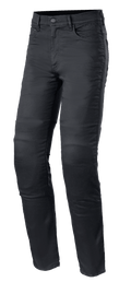 Alpinestars Cerium Tech Stretch Riding Denim, calças de ganga para motociclismo, preto, corte justo com fecho de botão, design de cinco bolsos com passantes para cinto, tecido stretch durável com costuras visíveis