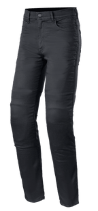 Alpinestars Cerium Tech Stretch Riding Denim, calças de ganga para motociclismo, preto, corte justo com fecho de botão, design de cinco bolsos com passantes para cinto, tecido stretch durável com costuras visíveis