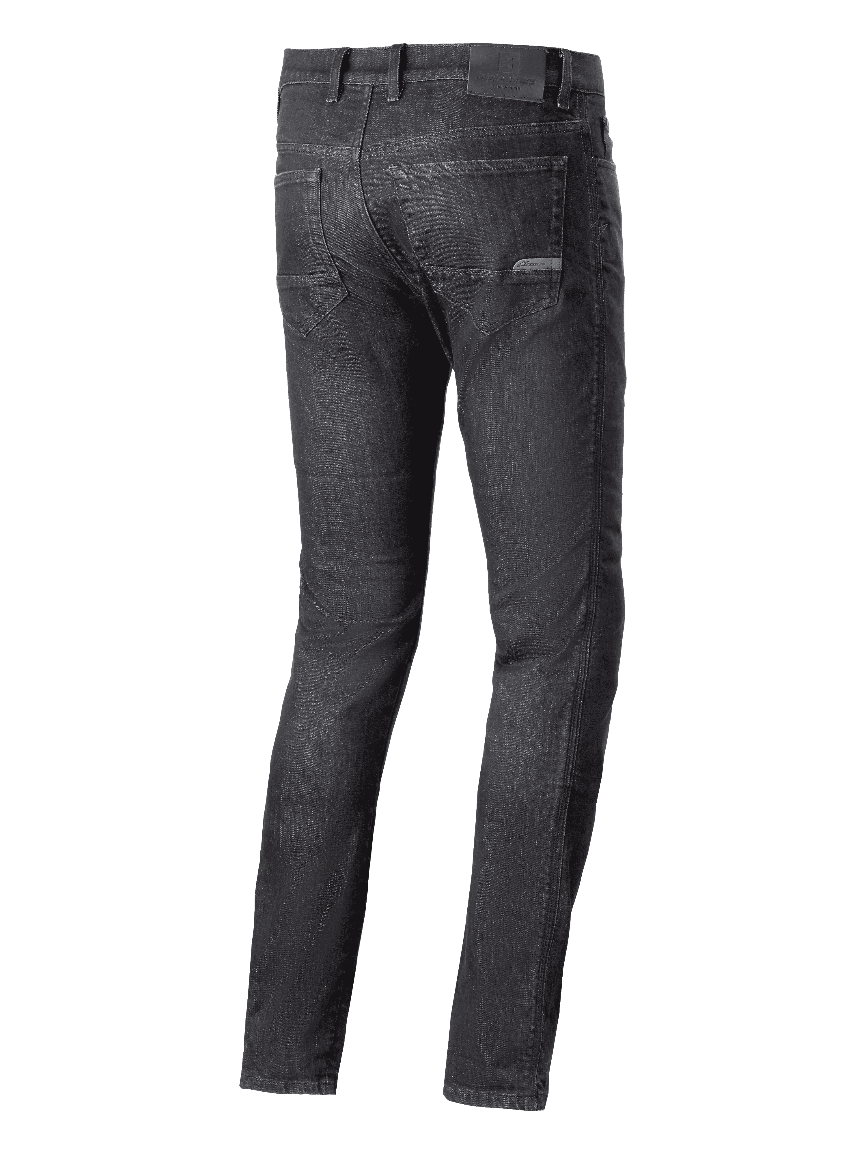 Alpinestars Cerium Denim Tech Riding Pants, Motorcycle Riding Jeans, Black Washed, rear view featuring back pockets and logo patch on the waistband, casual urban riding style