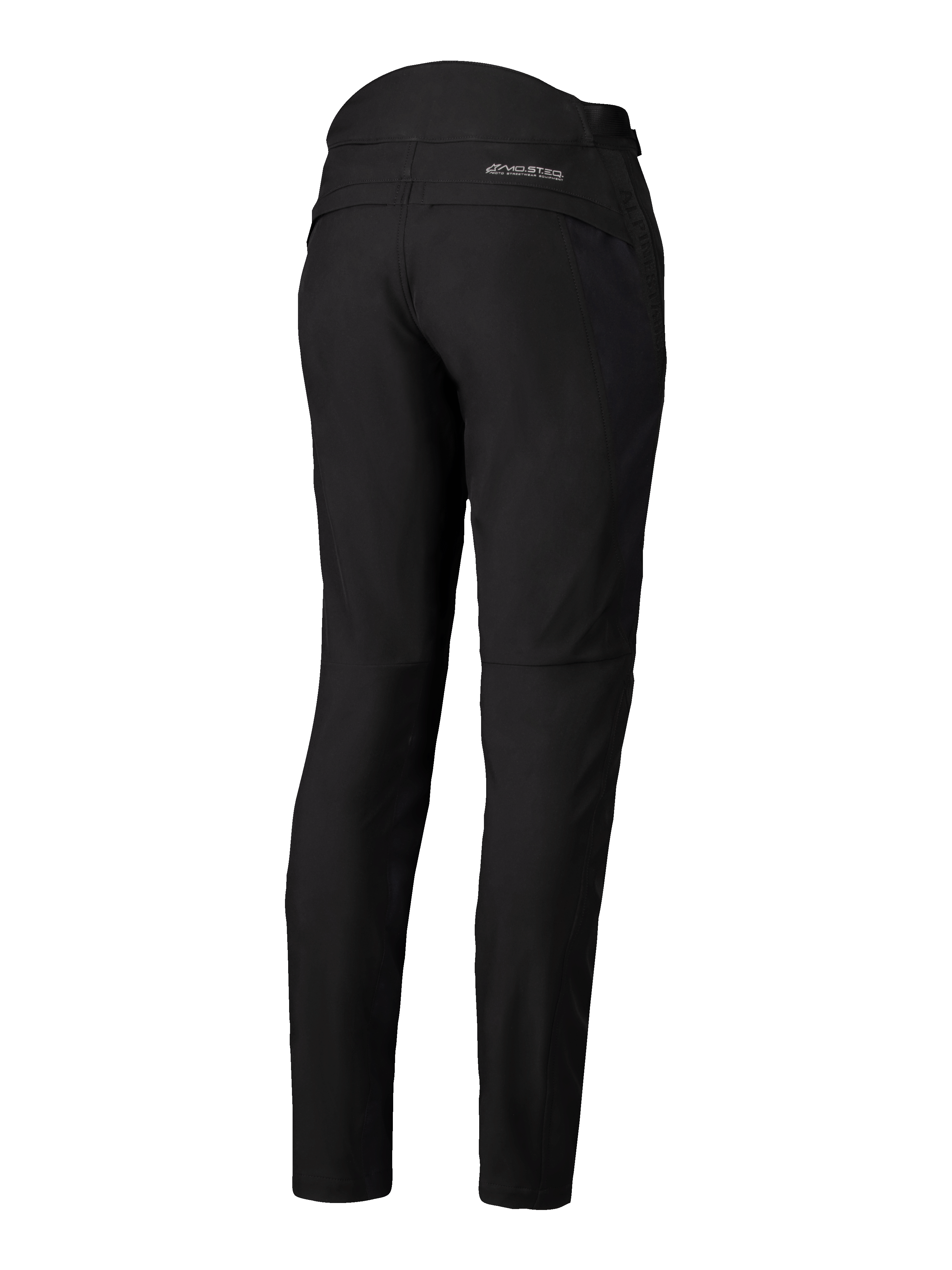 Alpinestars Calças Alamosa Femininas, pretas, vista traseira, calças têxteis em softshell de corte slim com logótipo MO.ST.EQ. na pala traseira, pormenores acolchoados na parte superior traseira da cintura, equipamento de motociclismo urbano minimalista