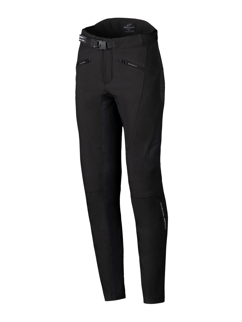 Alpinestars Alamosa Women Pants, calças de motociclismo urbanas, pretas, corte slim de alta performance, com cinto na cintura com fivela, bolsos com fecho de correr e tecido softshell elástico ergonómico, design minimalista inspirado no streetwear