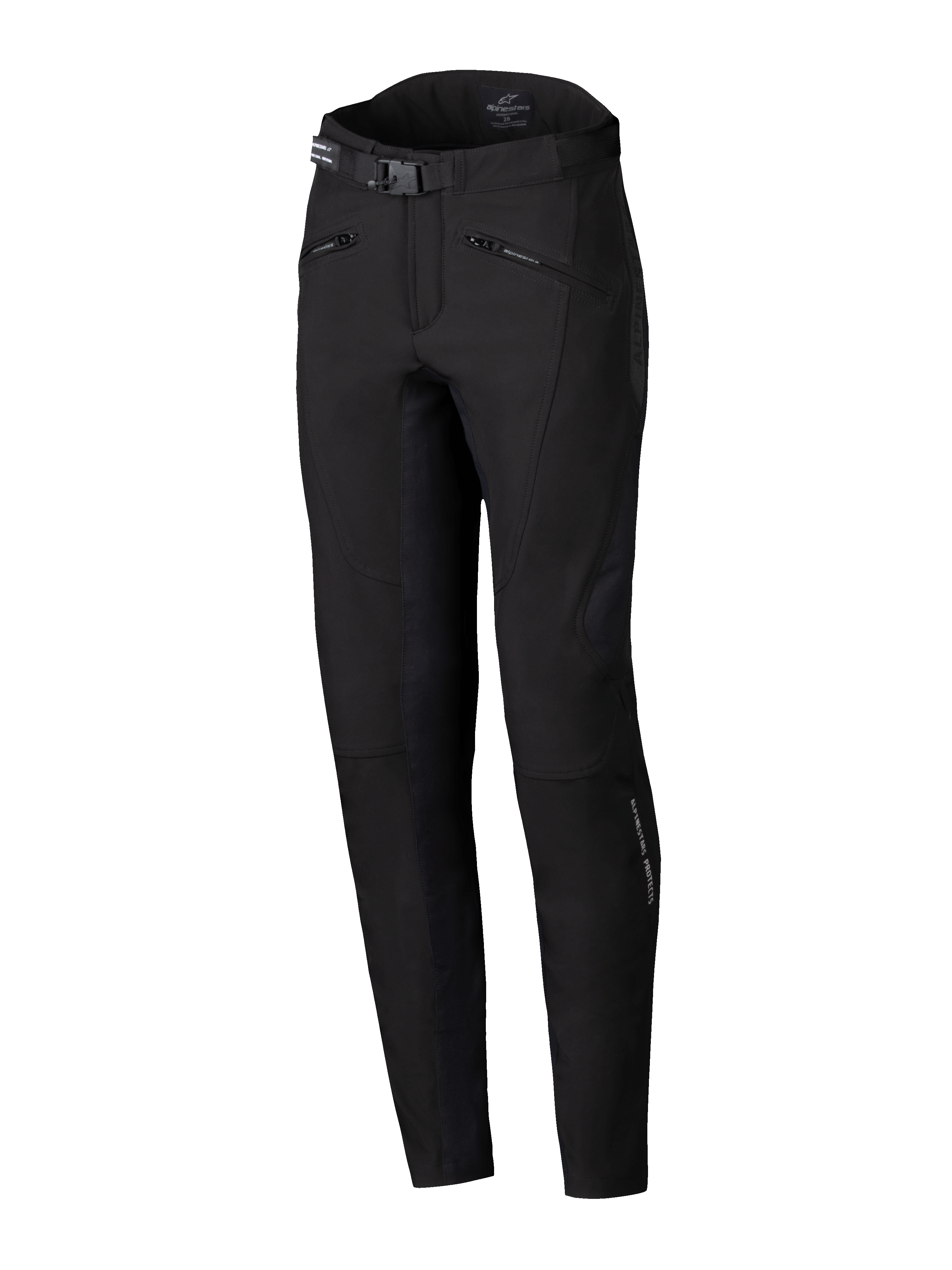 Alpinestars Alamosa Women Pants, calças de motociclismo urbanas, pretas, corte slim de alta performance, com cinto na cintura com fivela, bolsos com fecho de correr e tecido softshell elástico ergonómico, design minimalista inspirado no streetwear