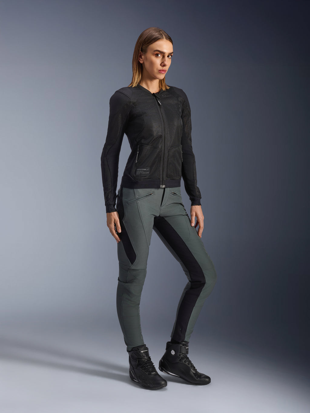 Alpinestars Alamosa Women's Pants, Urban Gray slim fit textile motorcycle pants with black stretch panels for urban riding.