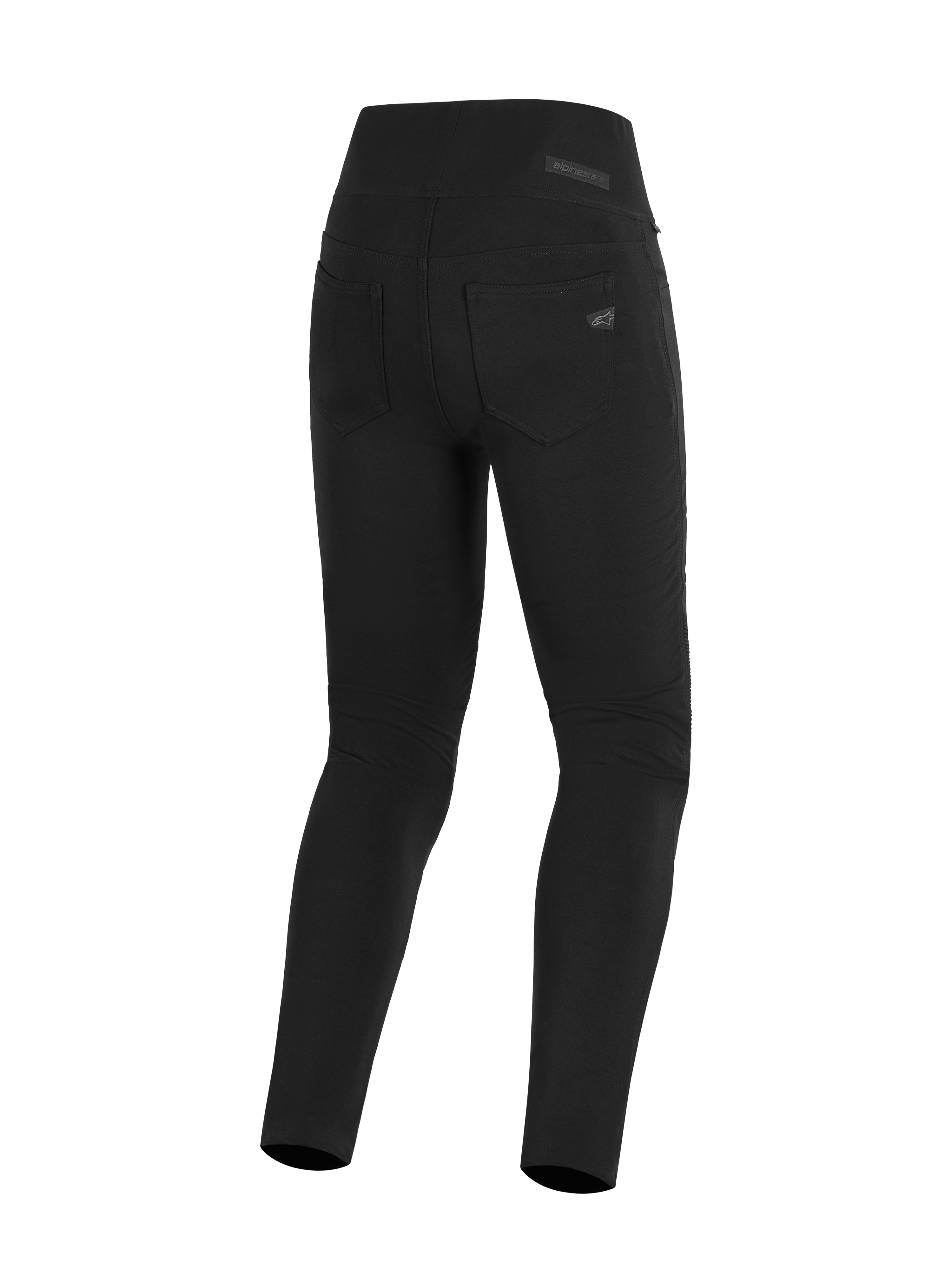 Alpinestars Stella Flex-Ast Leggings, leggings de motociclismo para mulher, pretas, vista traseira com cintura subida e bolsos traseiros funcionais, design urbano elegante com logótipo Alpinestars subtil no bolso.