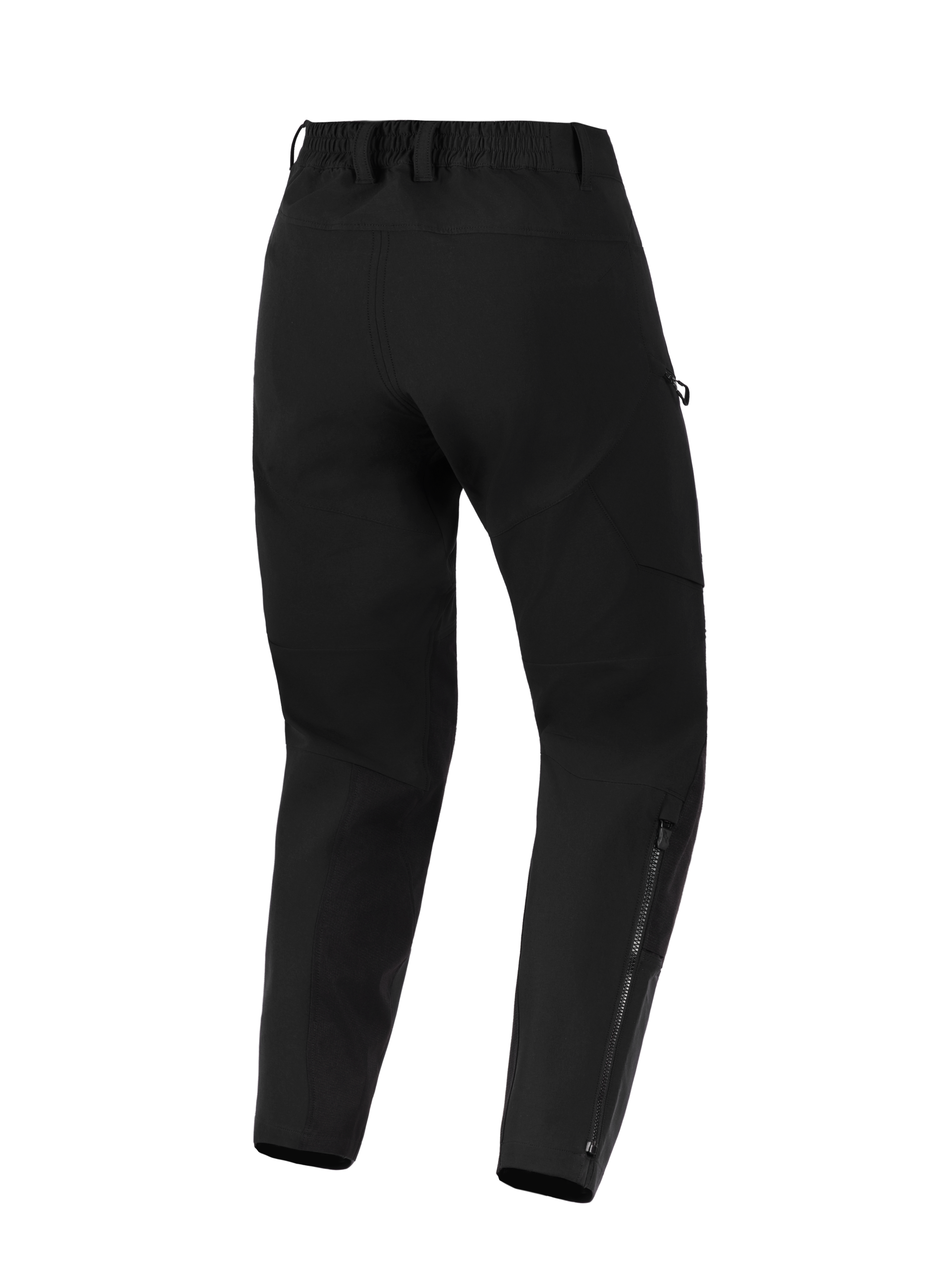 Alpinestars Stella Flex-AST Explorer Pants, calças de motociclismo para mulher, pretas, vista traseira com construção em têxtil elástico, cintura elástica com passadores para cinto e fechos de correr longos na parte inferior das pernas para condução de aventura.