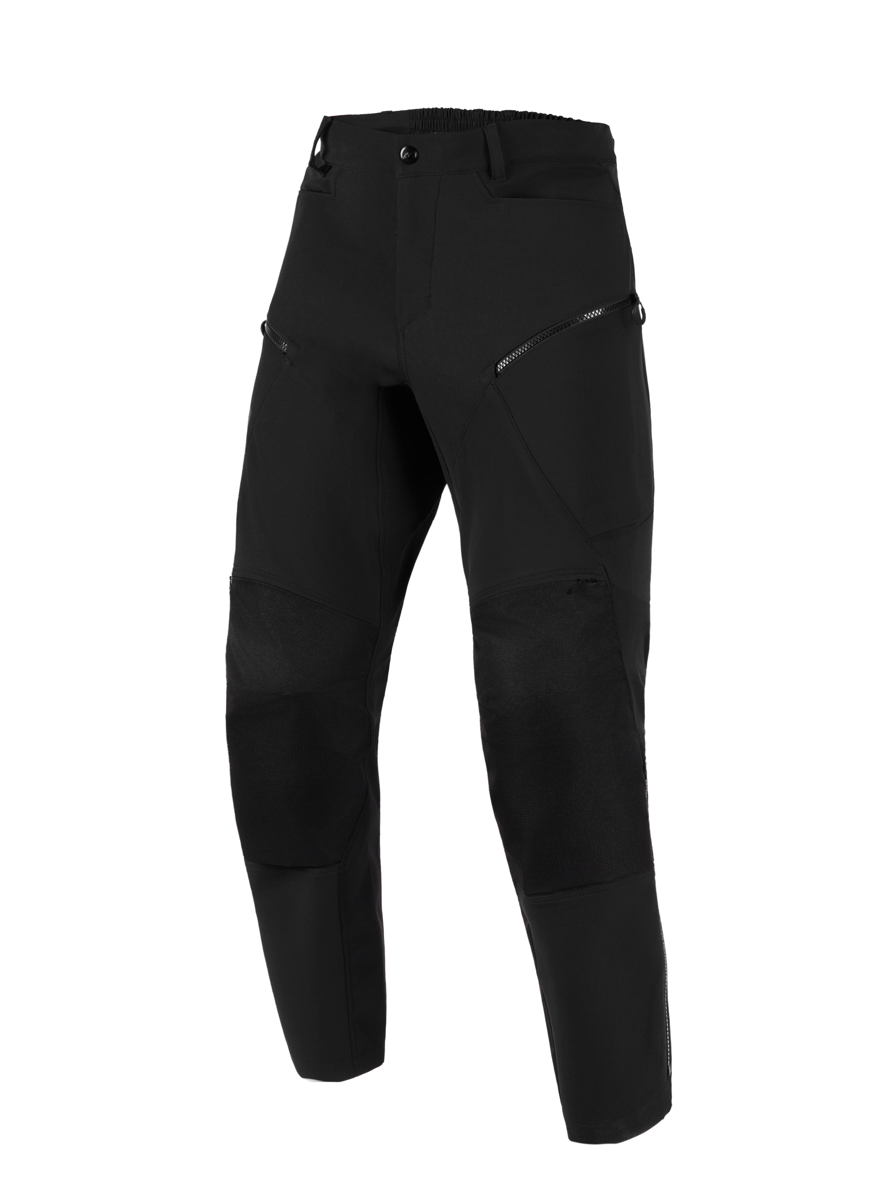 Calças Alpinestars Stella Flex-AST Explorer, calças de motociclismo para mulher, pretas, vista frontal, com bolsos com fecho nas coxas, painéis reforçados nos joelhos e cintura elástica, concebidas para turismo de aventura