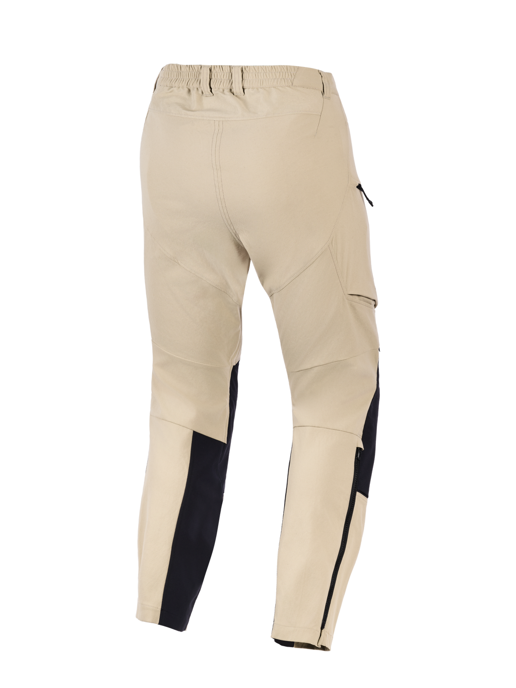 Alpinestars Stella Flex-AST Explorer Pants para Mulher, calças de motociclismo de aventura, areia e preto, vista traseira com cintura elástica, bolsos cargo laterais e painéis reforçados na parte inferior da perna com fechos de correr, concebidas para condução em clima quente