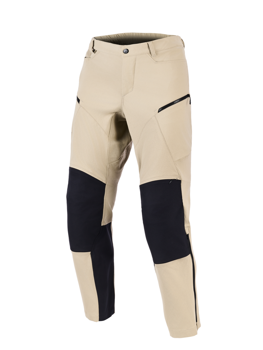 Alpinestars Stella Flex-AST Explorer Pants, calças de motociclismo para mulher, areia e preto, vista frontal com painéis reforçados pretos nos joelhos, bolsos cargo com fecho e design têxtil aerodinâmico para touring de aventura