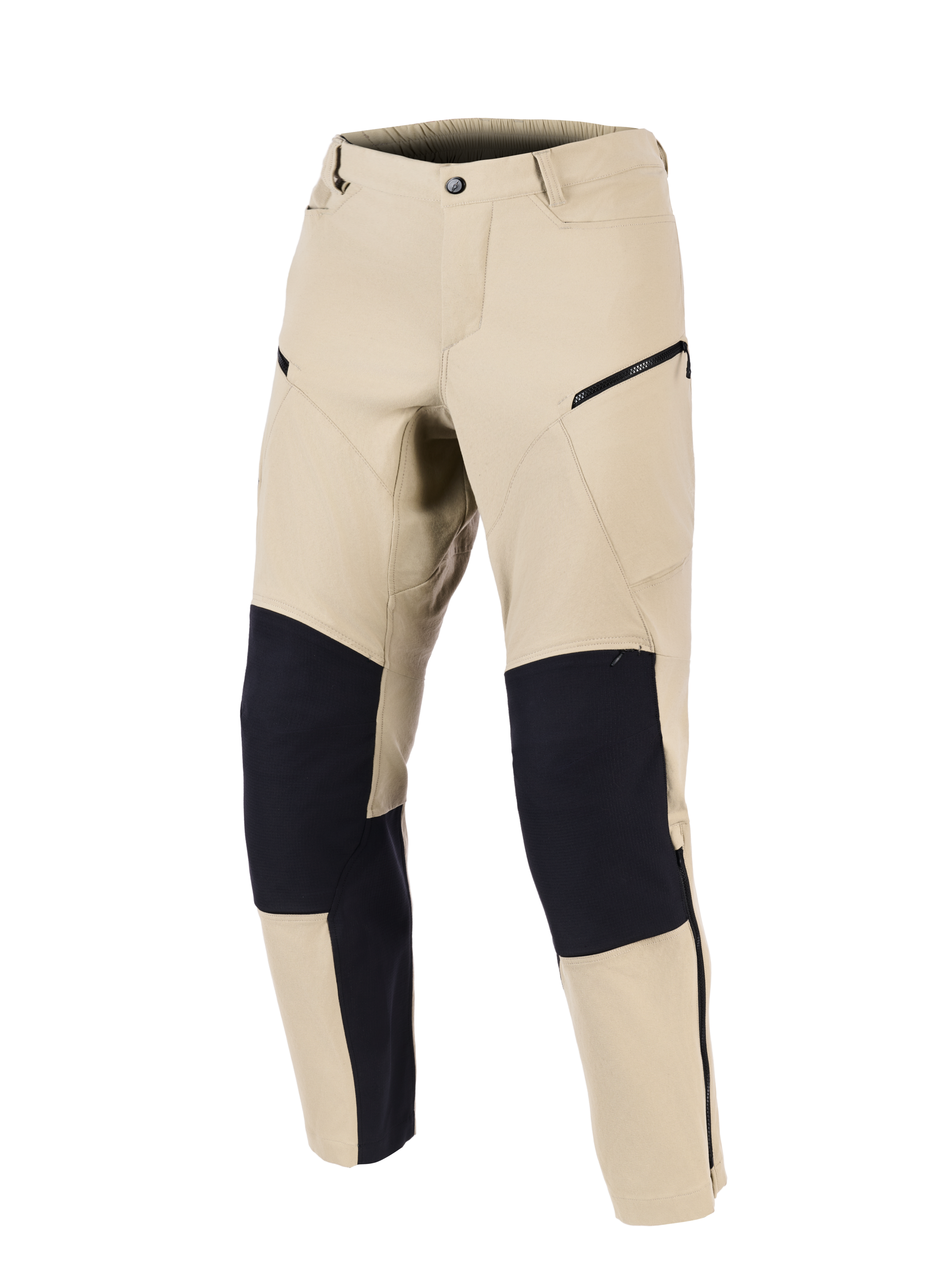 Alpinestars Stella Flex-AST Explorer Pants, calças de motociclismo para mulher, areia e preto, vista frontal com painéis reforçados pretos nos joelhos, bolsos cargo com fecho e design têxtil aerodinâmico para touring de aventura