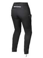 Alpinestars Actea Women's Pants, Black, back view featuring white branding on the waistband, tapered silhouette with side cargo pocket, ankle zippers, modern motorcycle riding pants