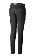 Calças de Ganga Alpinestars Caliber Tech Riding para Mulher em Antracite, vista traseira, calças estilo combate de ajuste slim com bolsos cargo funcionais e logótipo astars verde lima na cintura traseira.