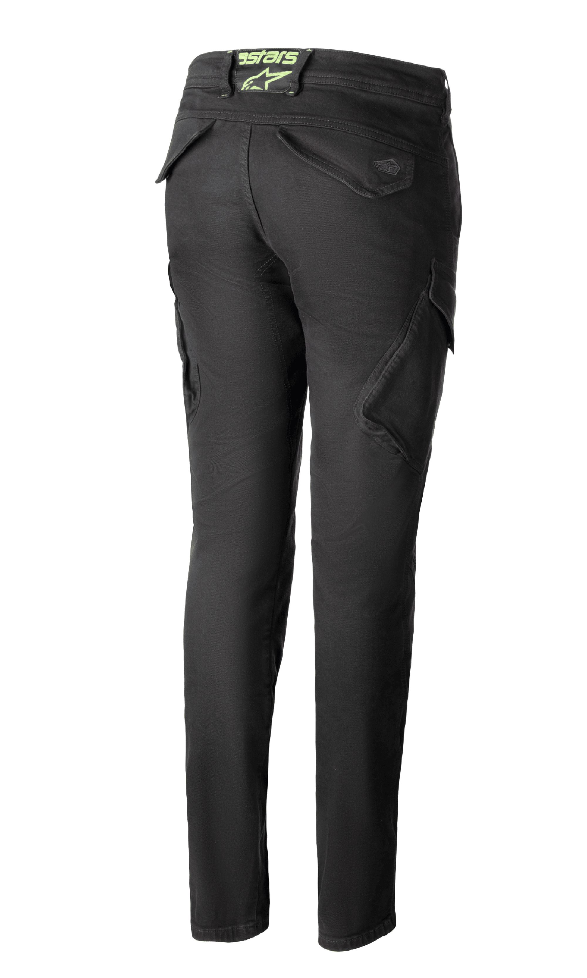 Calças de Ganga Alpinestars Caliber Tech Riding para Mulher em Antracite, vista traseira, calças estilo combate de ajuste slim com bolsos cargo funcionais e logótipo astars verde lima na cintura traseira.