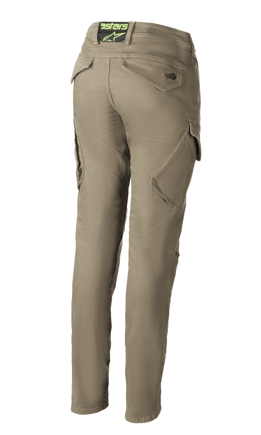 Alpinestars Caliber Women's Tech Riding Denim, calças de motociclismo em verde militar, vista traseira mostrando o design de combate slim fit com bolsos cargo angulados, logótipo Astars no cós traseiro, tecido Cordura durável.