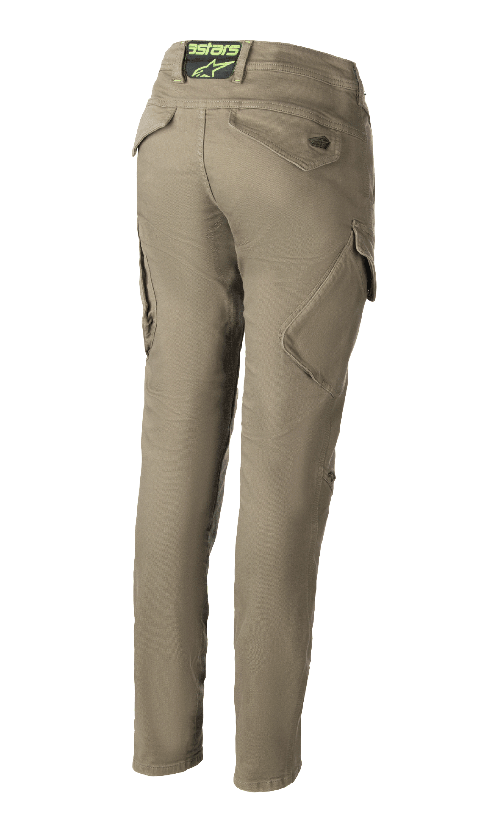 Alpinestars Caliber Women's Tech Riding Denim, calças de motociclismo em verde militar, vista traseira mostrando o design de combate slim fit com bolsos cargo angulados, logótipo Astars no cós traseiro, tecido Cordura durável.