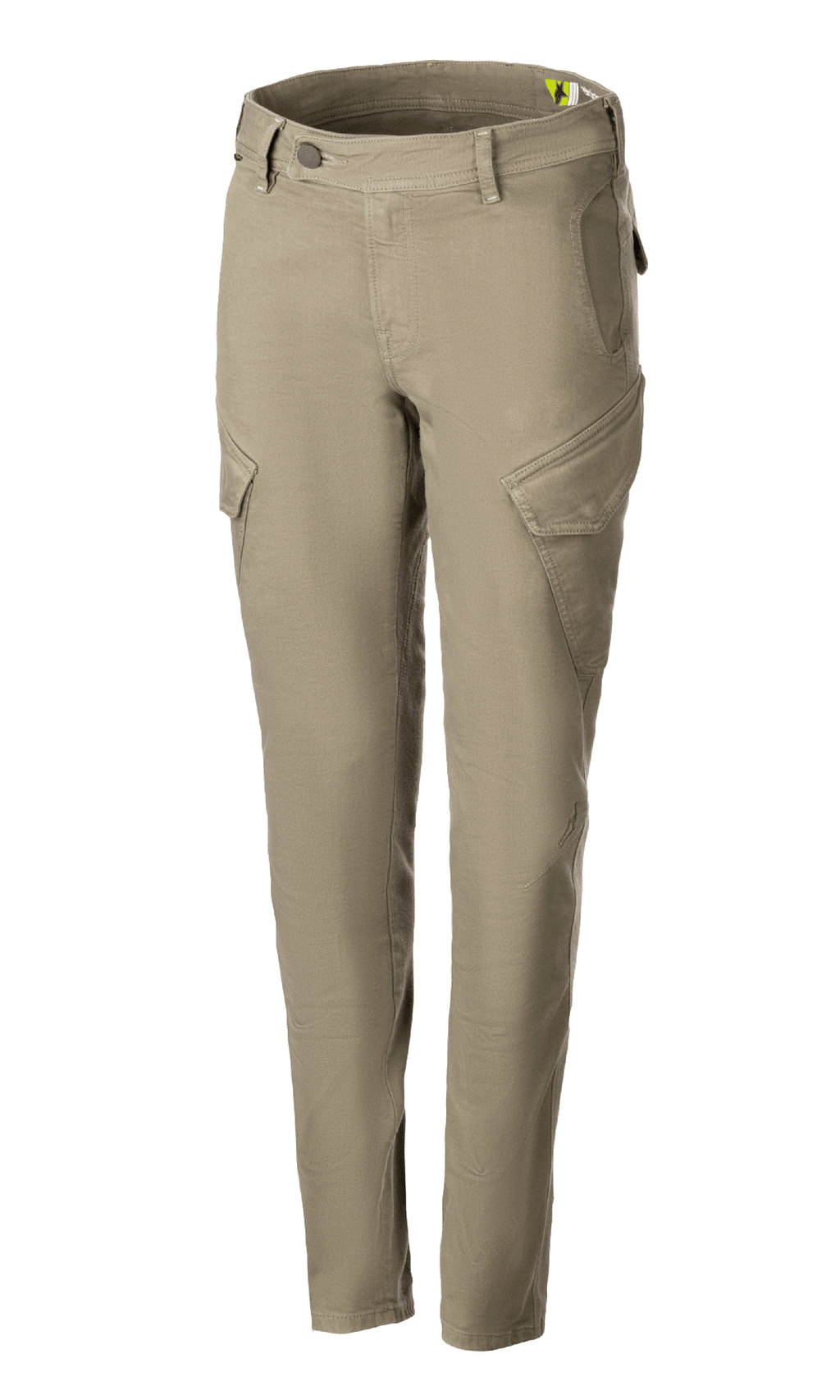 Alpinestars Caliber, calças de ganga técnicas para mulher, verde militar, estilo combate com bolsos cargo angulares, corte slim afunilado, passantes para cinto, fecho de botão e fecho de correr, tecido Cordura elástico para condução urbana
