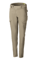 Alpinestars Caliber, calças de ganga técnicas para mulher, verde militar, estilo combate com bolsos cargo angulares, corte slim afunilado, passantes para cinto, fecho de botão e fecho de correr, tecido Cordura elástico para condução urbana