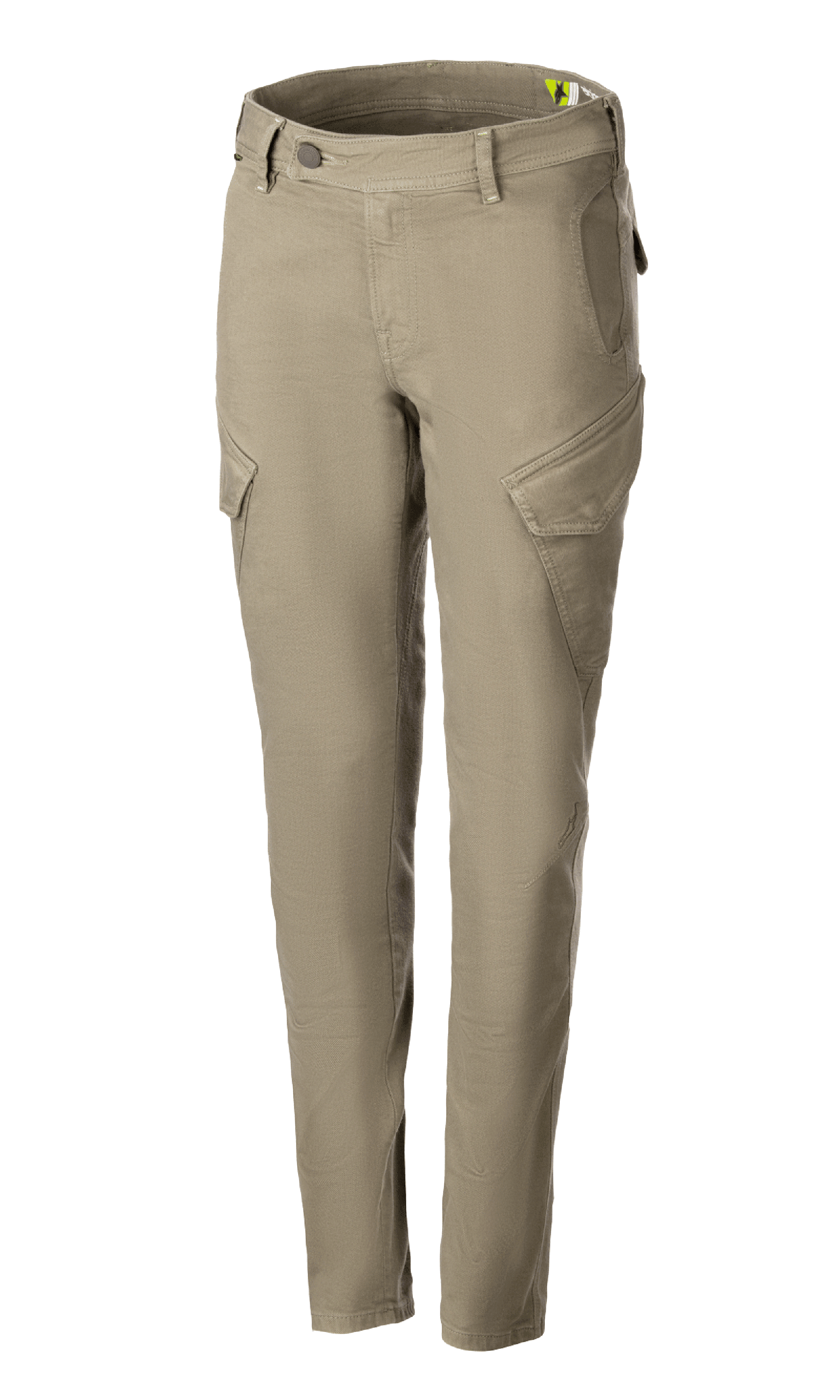 Alpinestars Caliber, calças de ganga técnicas para mulher, verde militar, estilo combate com bolsos cargo angulares, corte slim afunilado, passantes para cinto, fecho de botão e fecho de correr, tecido Cordura elástico para condução urbana