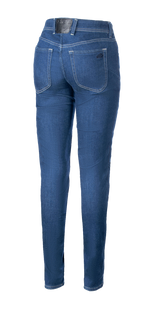 Alpinestars Daisy V3 Women's Riding Denim, Rinse Blue, rear view showing slim fit, two back pockets, and black logo patch on the waistband, casual urban motorcycle apparel