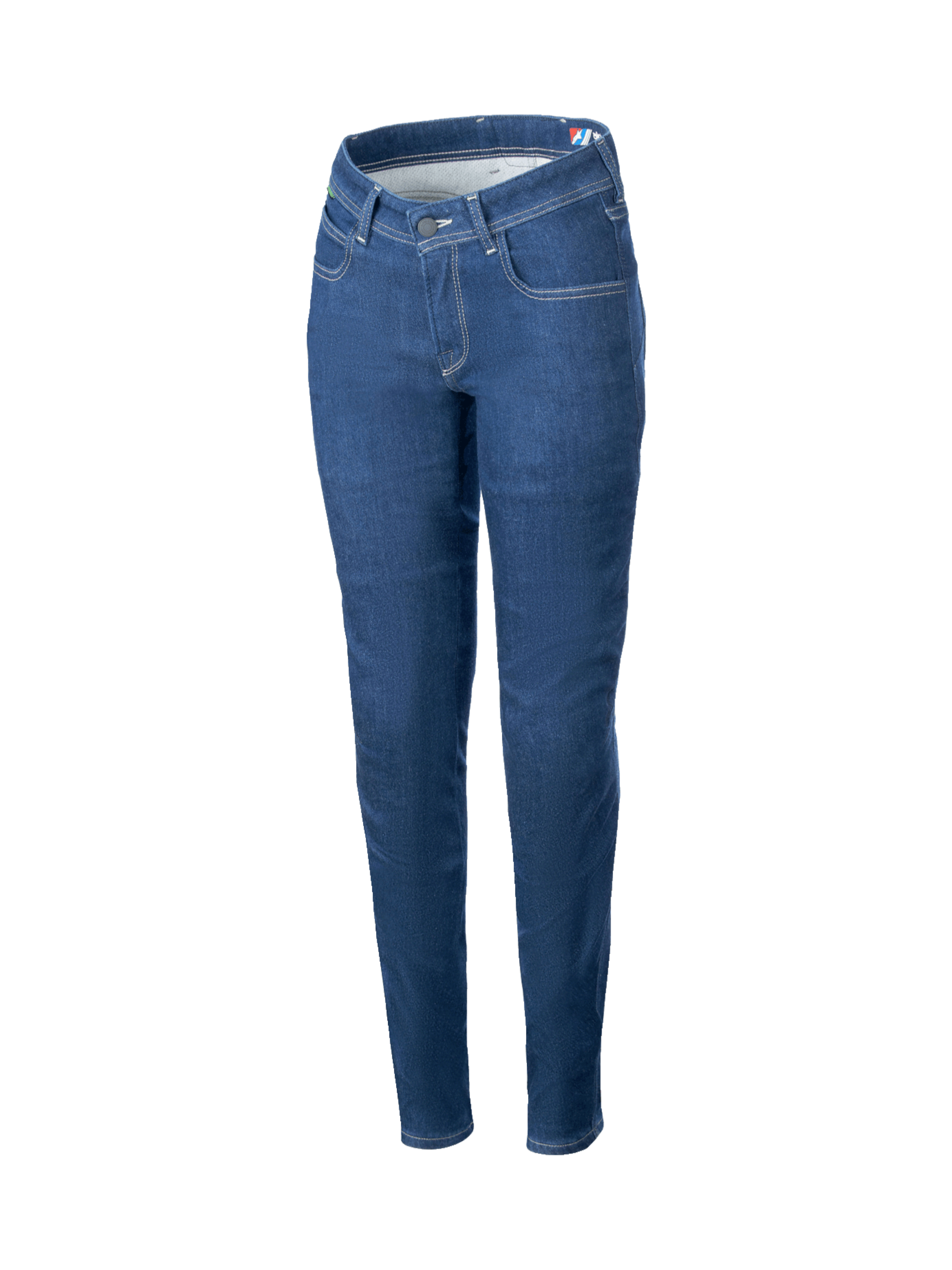 Alpinestars Daisy V3 Women's Riding Denim, slim fit blue urban motorcycle pants with stretch cotton and CE certified armor.