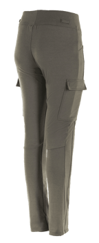 Alpinestars Leggings Iria Femininas, Verde Militar, vista de três quartos traseira, com bolso cargo na coxa com fecho de aba, design de corte justo com perfil anatómico, construção têxtil para condução urbana de motociclos