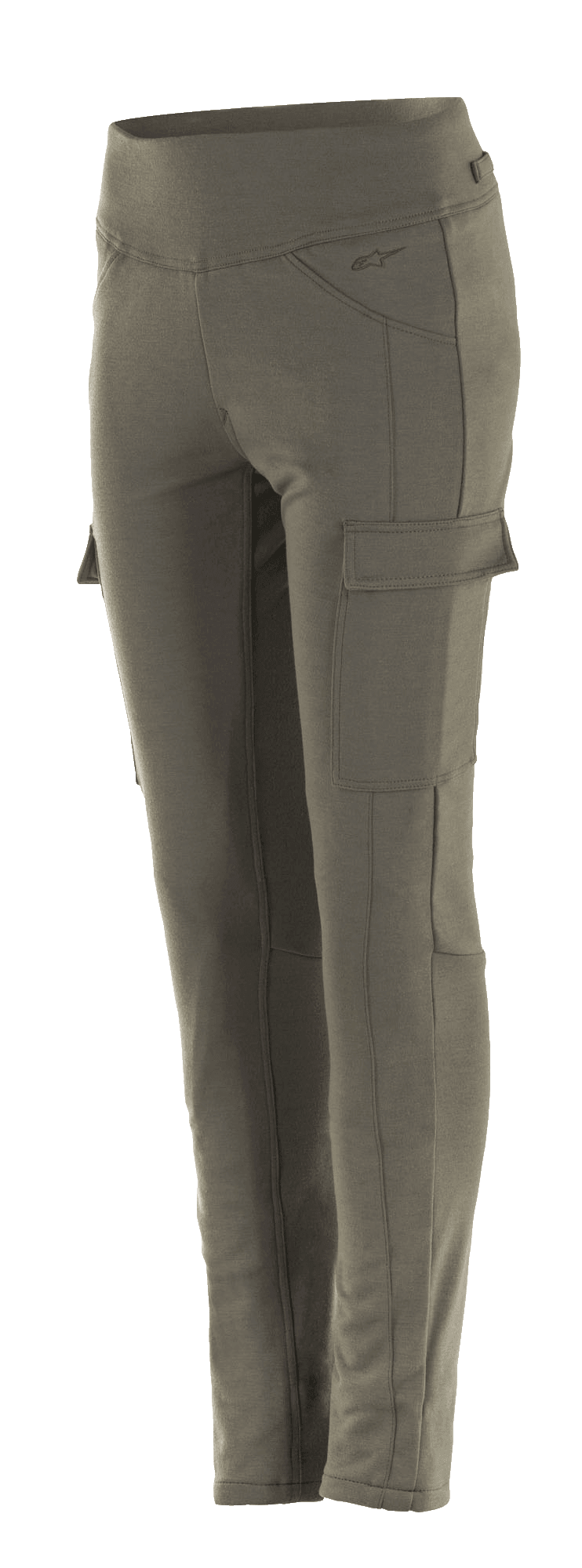 Leggings Alpinestars Iria Femininas, leggings de motociclismo em verde militar, corte justo com bolsos cargo laterais, cintura elástica larga, equipamento de condução urbana com perfil anatómico