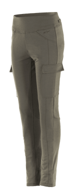 Leggings Alpinestars Iria Femininas, leggings de motociclismo em verde militar, corte justo com bolsos cargo laterais, cintura elástica larga, equipamento de condução urbana com perfil anatómico