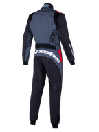 Fato de karting Alpinestars KMX-9 V3 Graphic 6, cinzento e preto com detalhes em vermelho, vista traseira com padrão gráfico nas costas, logótipo Alpinestars em branco na zona lombar e painéis ergonómicos para alto desempenho em desportos motorizados.