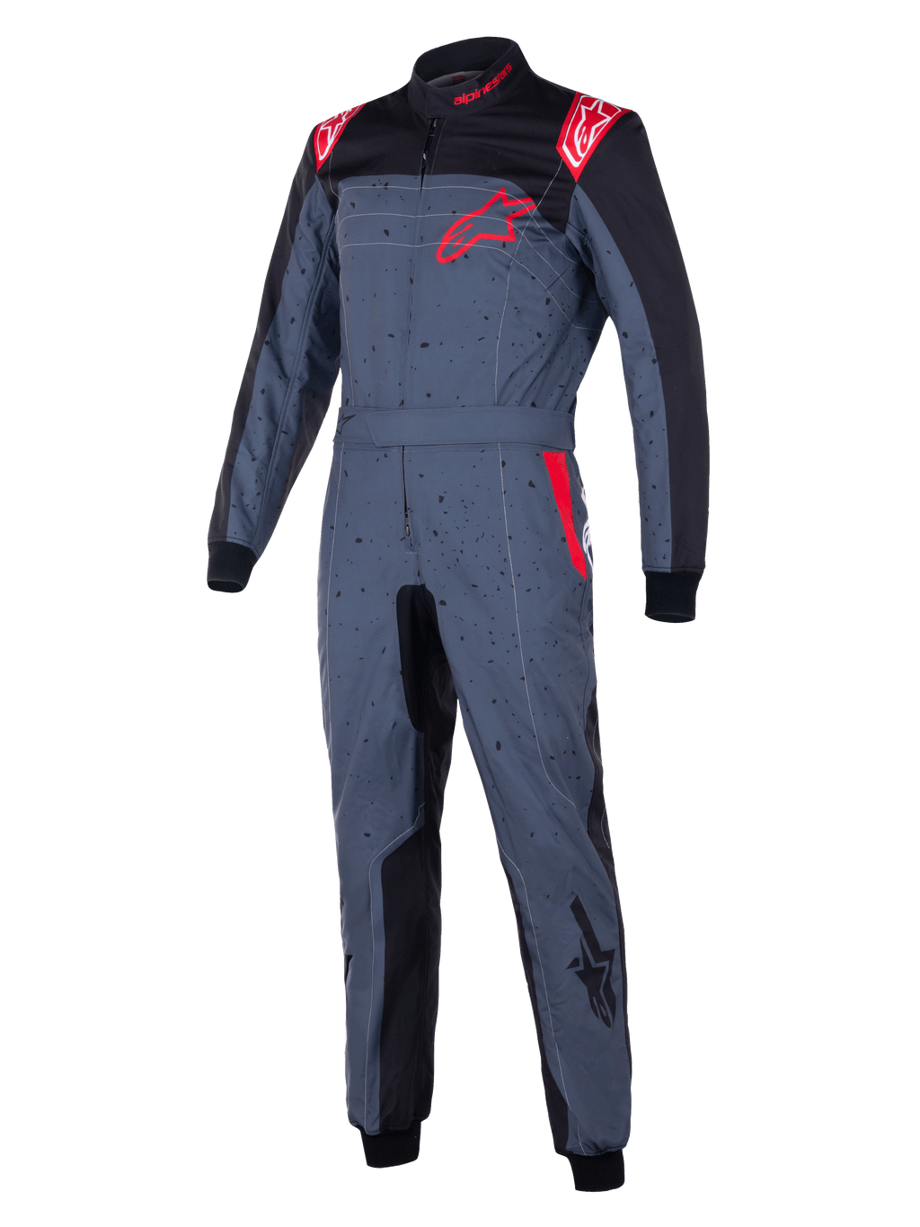 Alpinestars KMX-9 V3 Graphic 6 Suit, fato de karting, cinzento antracite com detalhes pretos e vermelhos, com um design gráfico salpicado, logótipo de estrela vermelha no peito, painéis internos pretos e detalhes vermelhos nos ombros, equipamento profissional de competição