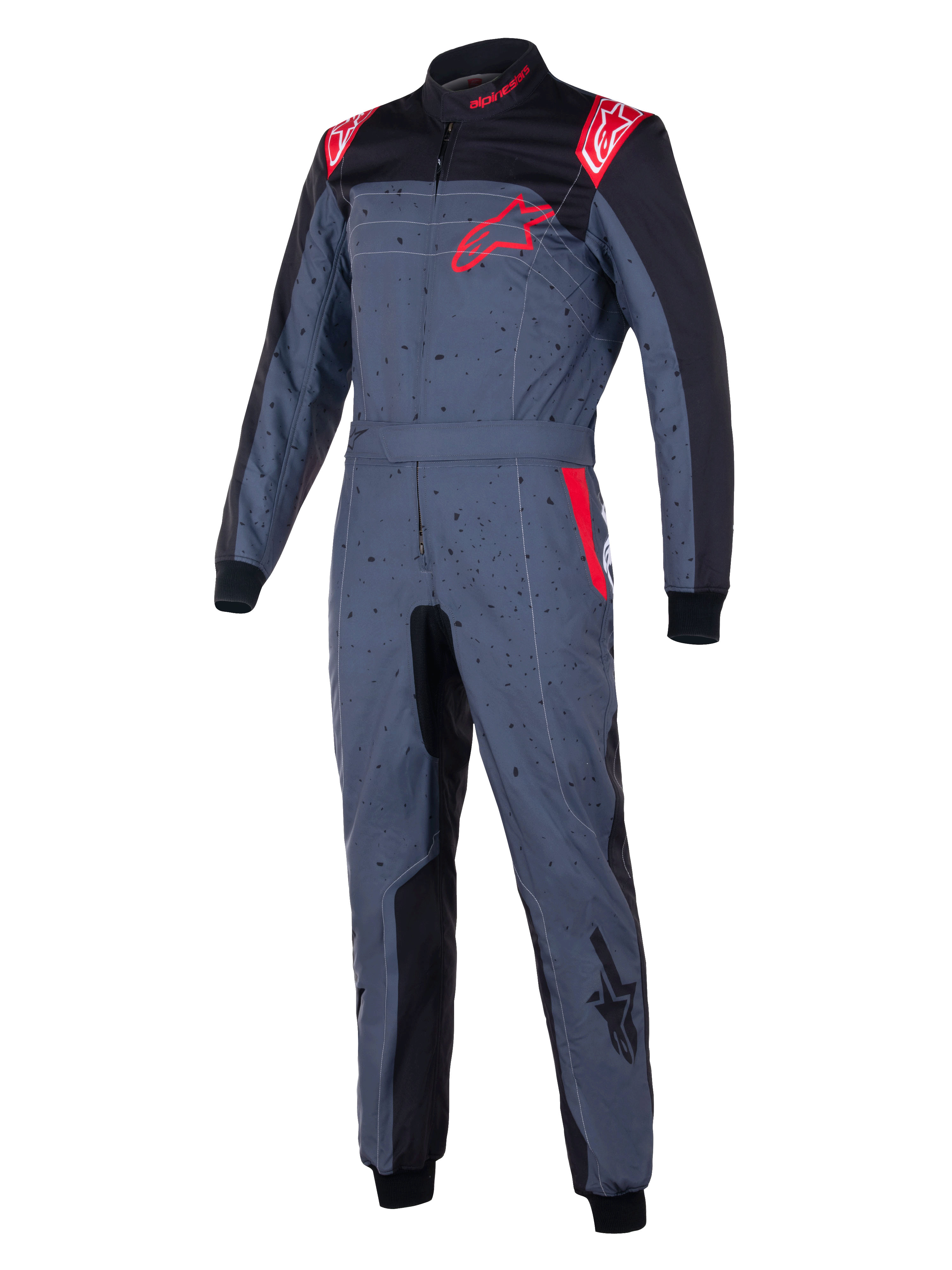 Alpinestars KMX-9 V3 Graphic 6 Suit, fato de karting, cinzento antracite com detalhes pretos e vermelhos, com um design gráfico salpicado, logótipo de estrela vermelha no peito, painéis internos pretos e detalhes vermelhos nos ombros, equipamento profissional de competição