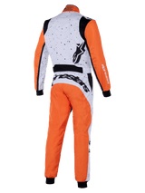 Alpinestars KMX-9 V3 Graphic 6 Suit, karting suit, White Orange Black, back view showing speckled graphic on white upper section, orange sleeves and legs, black stretch panels, and prominent Alpinestars branding.