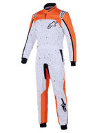 Alpinestars KMX-9 V3 Graphic 6 Suit, Karting Suit, White Orange and Black, featuring a black splatter pattern, Astar logos on chest and leg, knitted cuffs and adjustable waist belt, designed for kart racing protection