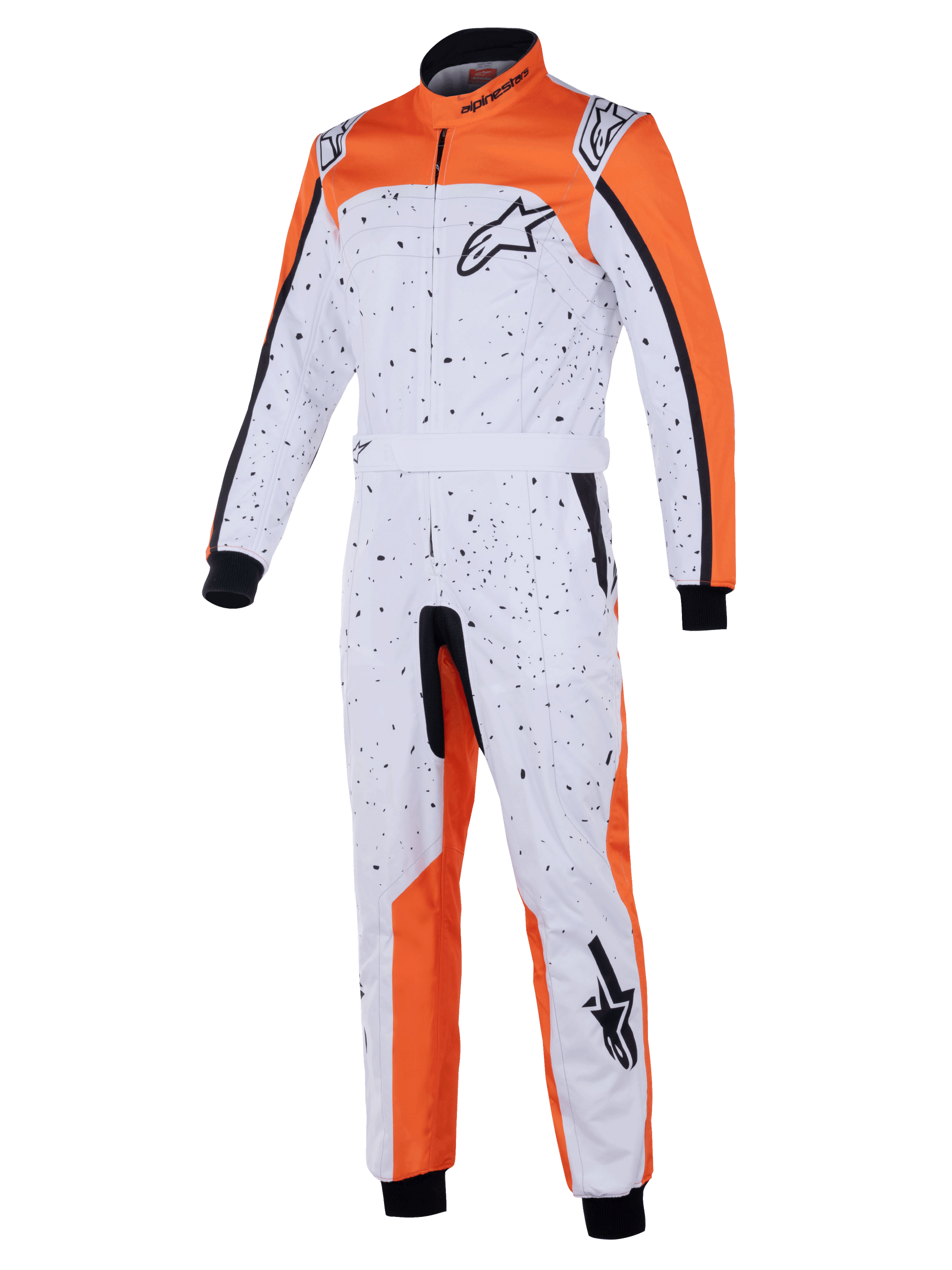 Alpinestars KMX-9 V3 Graphic 6 Suit, Karting Suit, White Orange and Black, featuring a black splatter pattern, Astar logos on chest and leg, knitted cuffs and adjustable waist belt, designed for kart racing protection