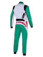 Alpinestars KMX-9 V3 Graphic 6 Suit, fato de karting, branco, verde e vermelho, vista traseira, com um padrão gráfico salpicado na parte superior das costas, pernas e mangas verdes, logótipo vermelho proeminente na zona lombar e painéis elásticos pretos