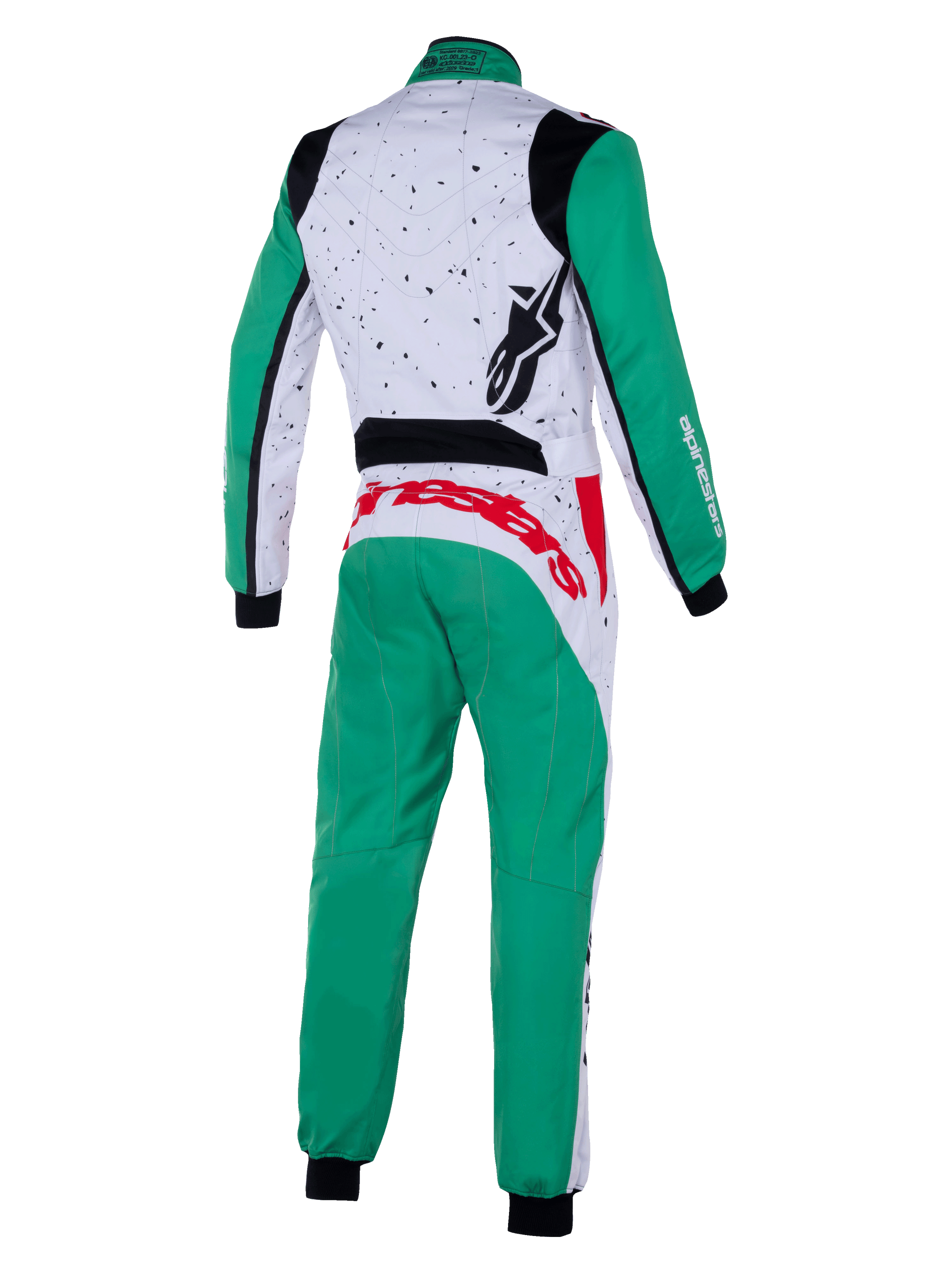 Alpinestars KMX-9 V3 Graphic 6 Suit, fato de karting, branco, verde e vermelho, vista traseira, com um padrão gráfico salpicado na parte superior das costas, pernas e mangas verdes, logótipo vermelho proeminente na zona lombar e painéis elásticos pretos