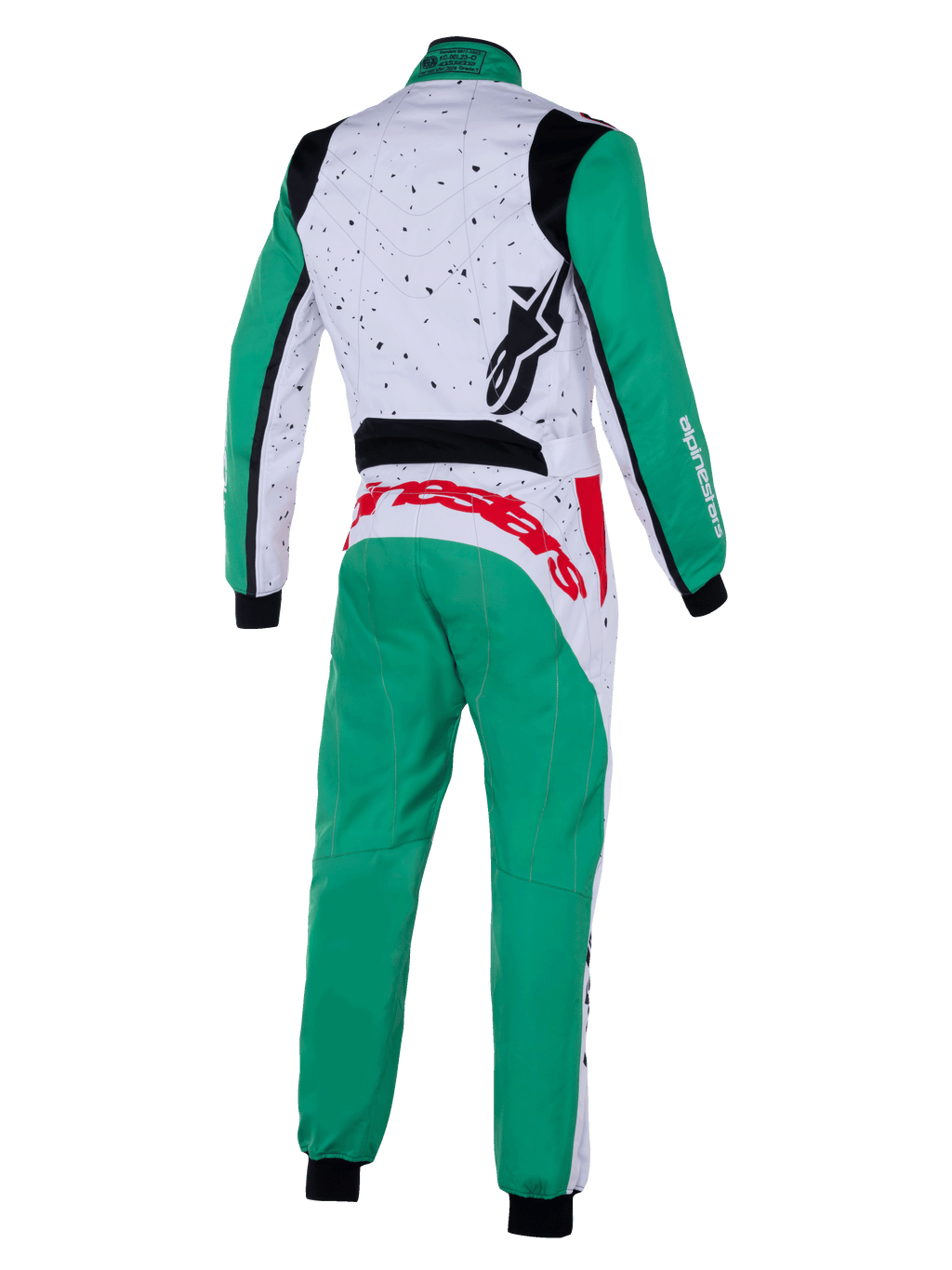 Macacão Alpinestars Youth KMX-9 V3 Graphic 6, macacão de karting, branco, verde e vermelho, vista traseira, com mangas e calças verdes, parte superior das costas em branco com grafismos salpicados a preto, marca Alpinestars a vermelho na cintura, logótipo preto no ombro, vestuário de karting profissional