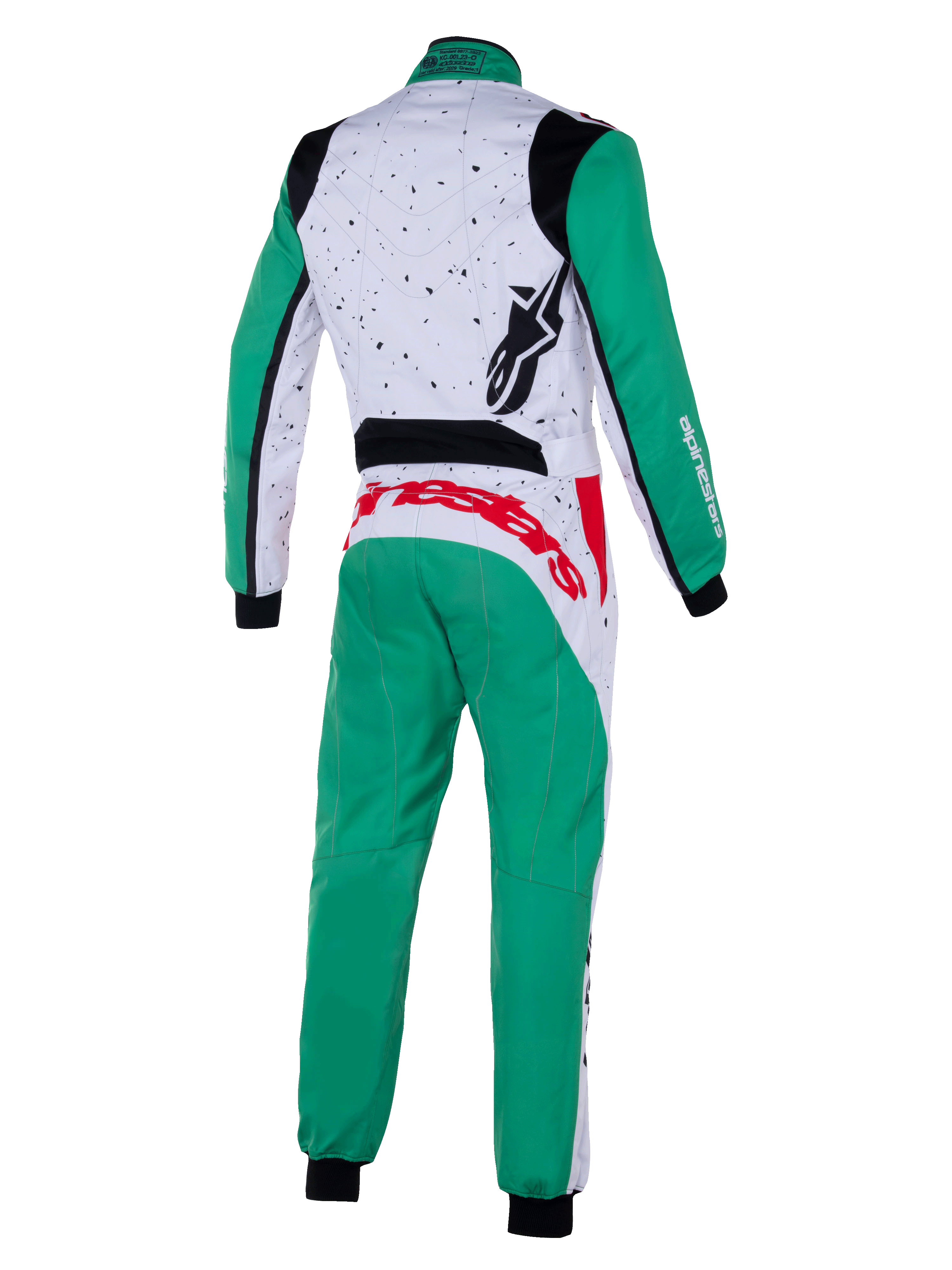Macacão Alpinestars Youth KMX-9 V3 Graphic 6, macacão de karting, branco, verde e vermelho, vista traseira, com mangas e calças verdes, parte superior das costas em branco com grafismos salpicados a preto, marca Alpinestars a vermelho na cintura, logótipo preto no ombro, vestuário de karting profissional