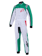 Fato Alpinestars KMX-9 V3 Graphic 6, fato de karting, branco, verde e vermelho, corpo branco com padrão salpicado a preto, painéis laterais verdes nas pernas e ombros, logótipo Alpinestars vermelho no peito, punhos e tornozelos pretos