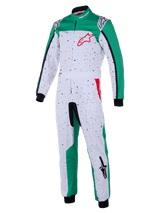 Fato Alpinestars KMX-9 V3 Graphic 6, fato de karting, branco, verde e vermelho, corpo branco com padrão salpicado a preto, painéis laterais verdes nas pernas e ombros, logótipo Alpinestars vermelho no peito, punhos e tornozelos pretos
