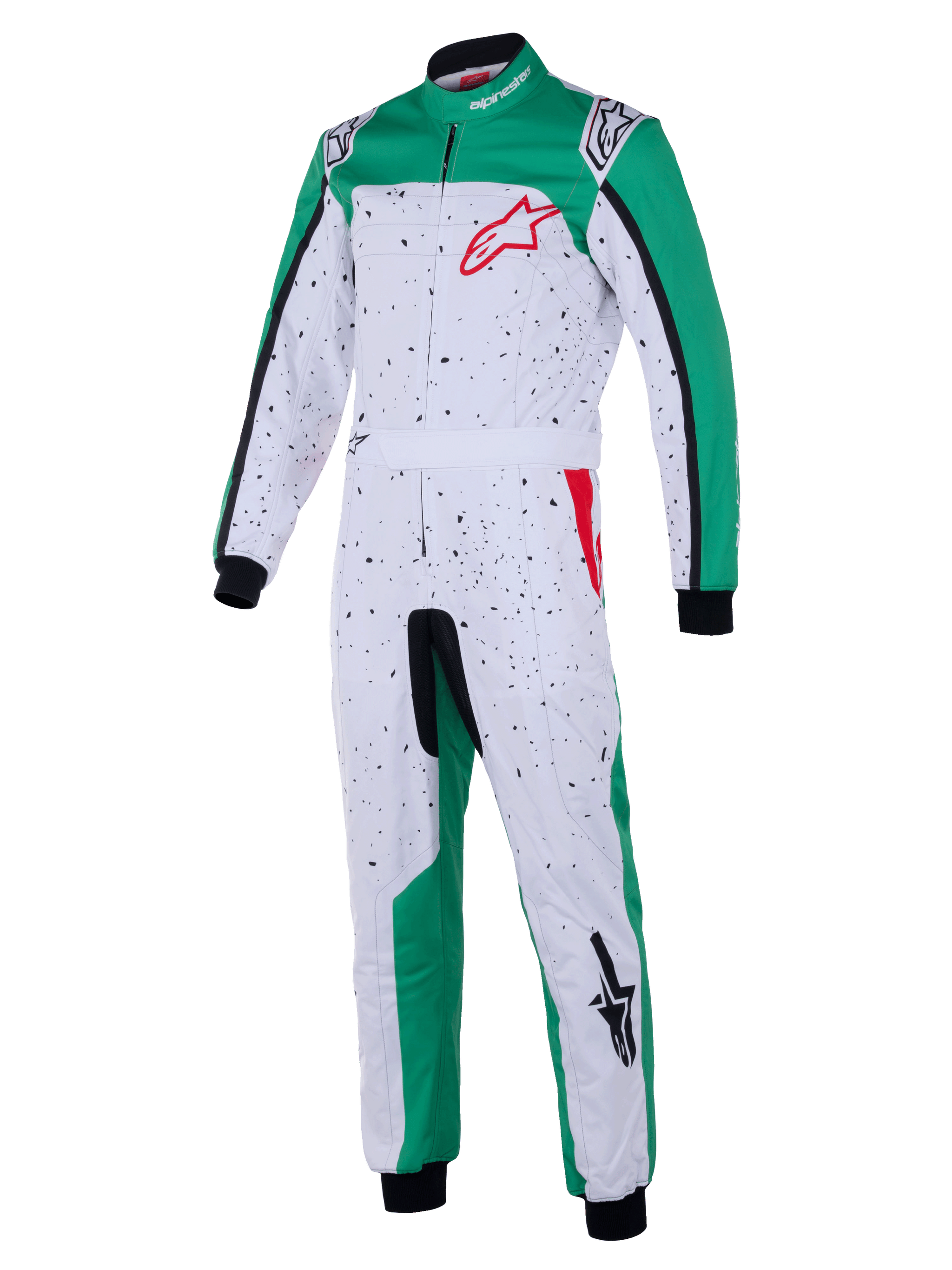 Fato Alpinestars KMX-9 V3 Graphic 6, fato de karting, branco, verde e vermelho, corpo branco com padrão salpicado a preto, painéis laterais verdes nas pernas e ombros, logótipo Alpinestars vermelho no peito, punhos e tornozelos pretos