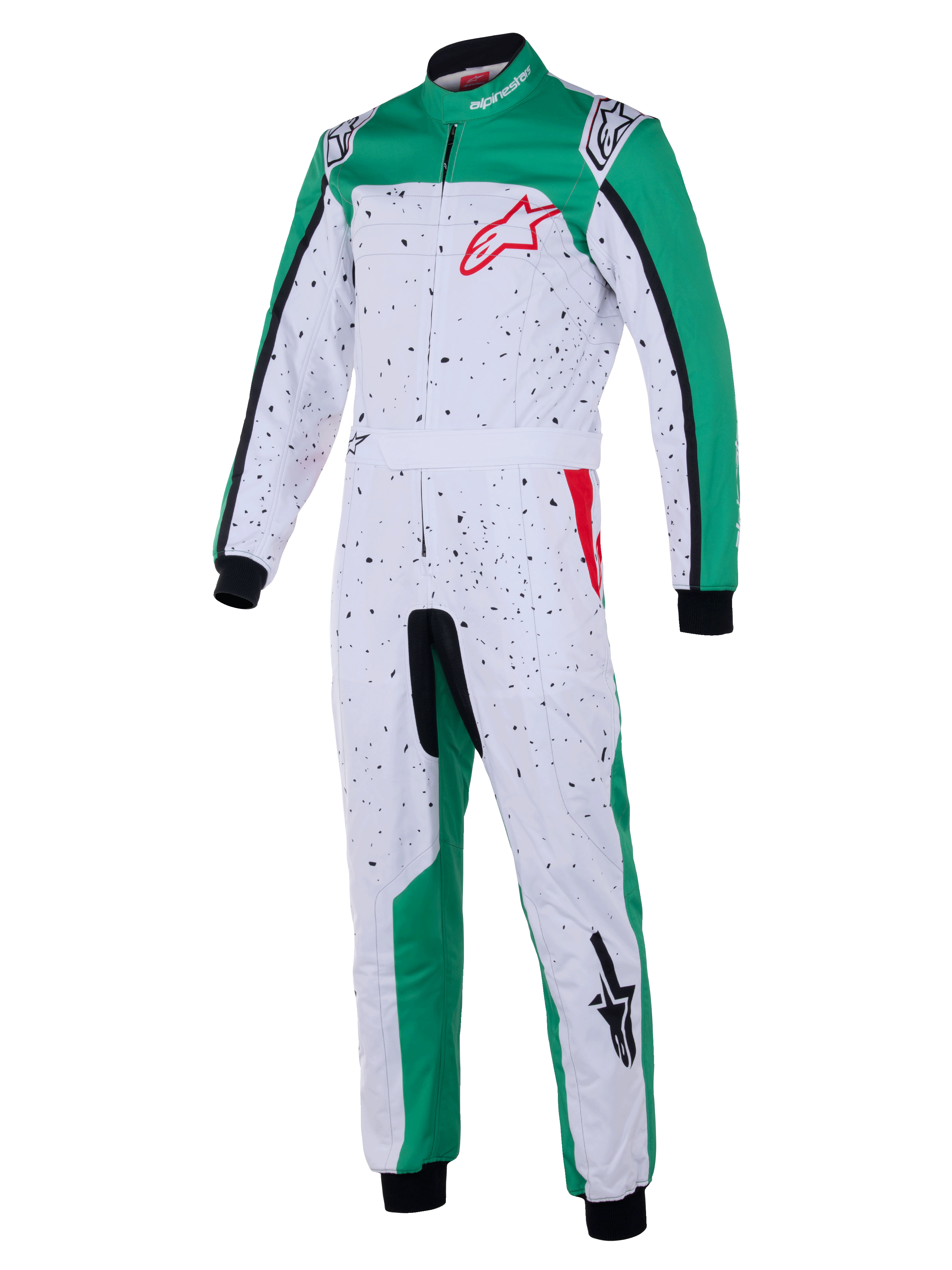 Fato Alpinestars KMX-9 V3 Graphic 6, fato de karting, branco, verde e vermelho, corpo branco com padrão salpicado a preto, painéis laterais verdes nas pernas e ombros, logótipo Alpinestars vermelho no peito, punhos e tornozelos pretos