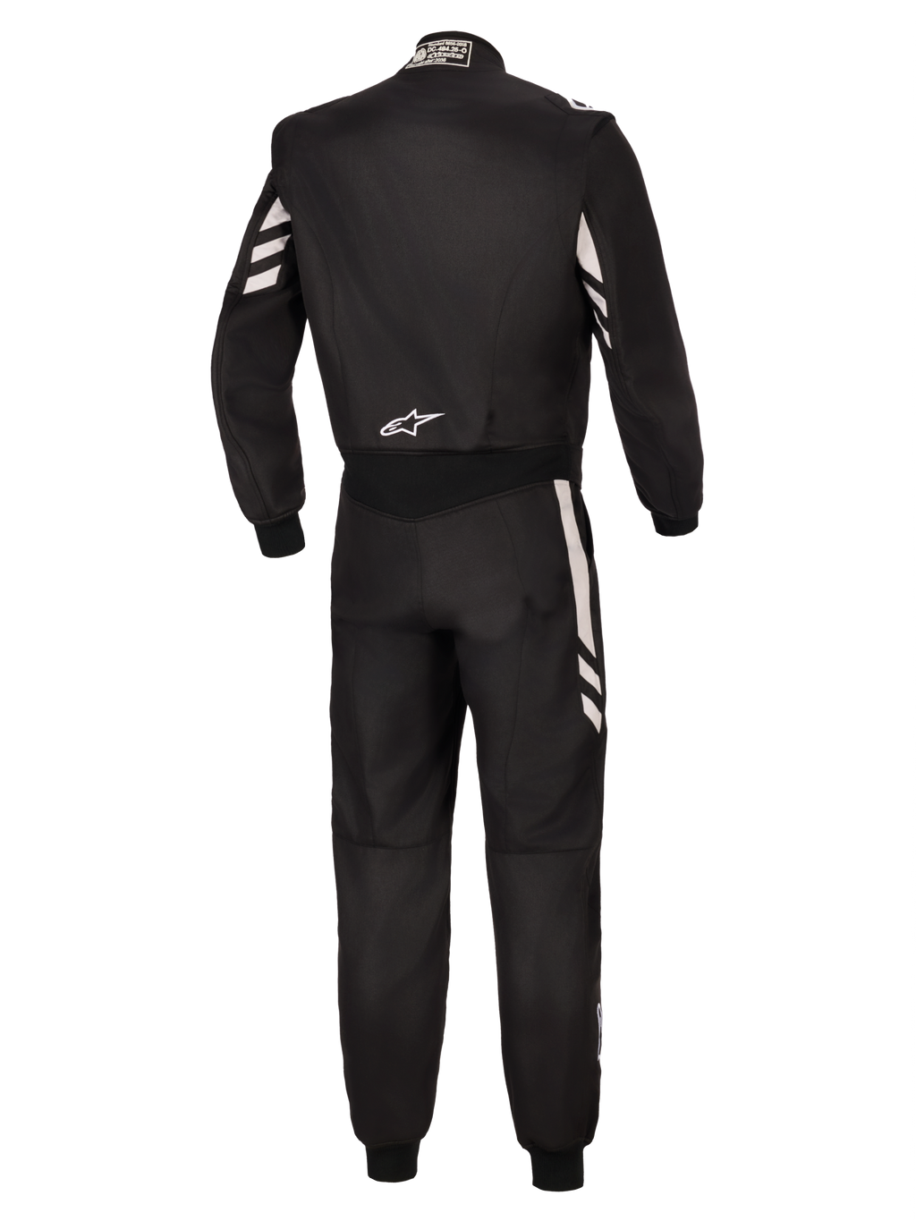 Alpinestars GP Race V3 Suit FIA, vista traseira de um fato de automobilismo de peça única em preto com detalhes prateados nas mangas e pernas, com um logótipo Alpinestars branco na zona lombar, equipamento profissional de desporto motorizado com certificação FIA