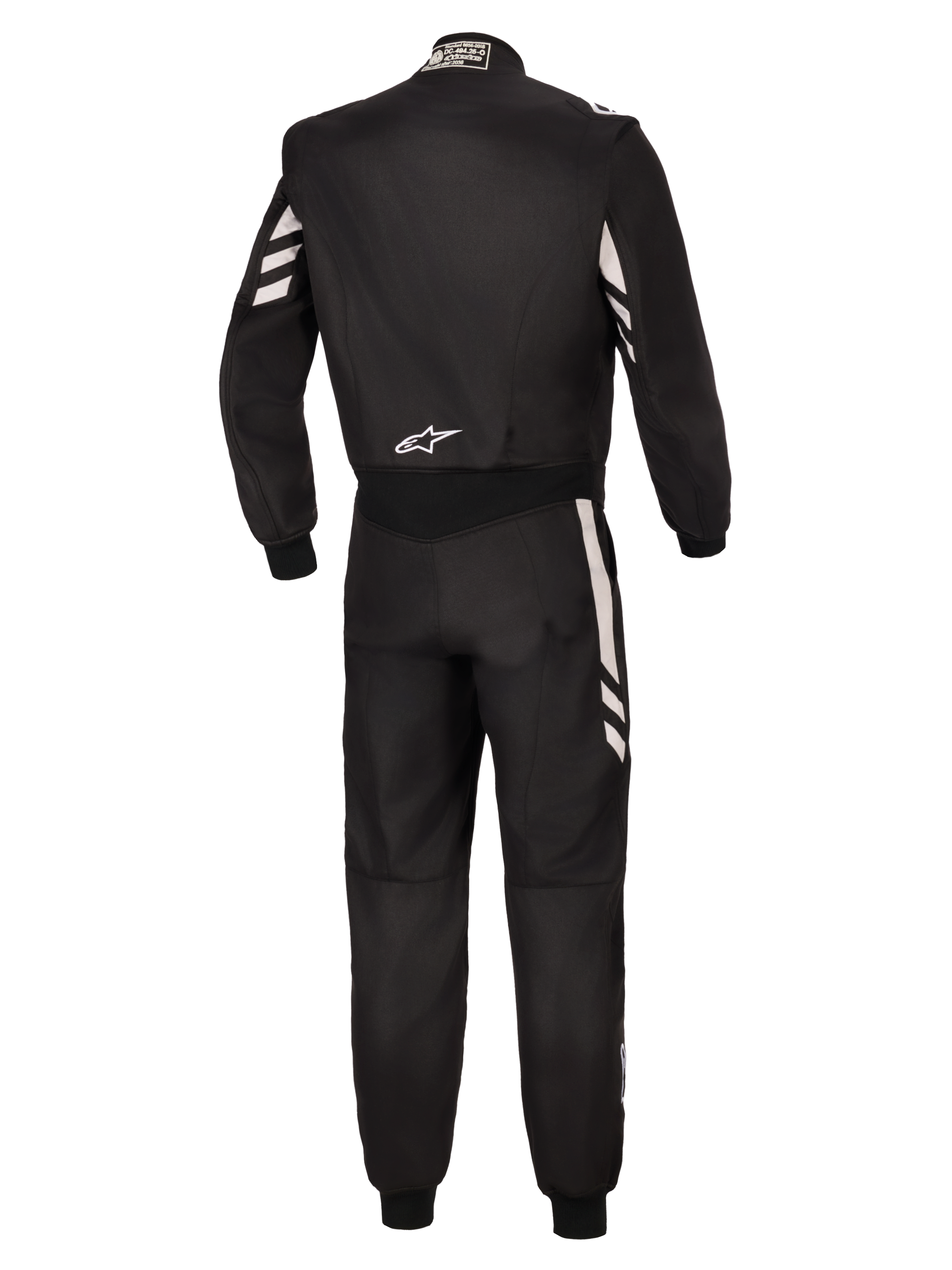 Alpinestars GP Race V3 Suit FIA, vista traseira de um fato de automobilismo de peça única em preto com detalhes prateados nas mangas e pernas, com um logótipo Alpinestars branco na zona lombar, equipamento profissional de desporto motorizado com certificação FIA