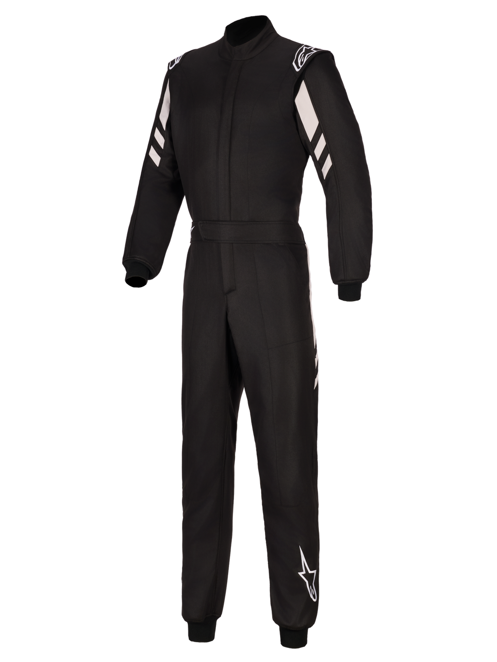 Macacão Alpinestars GP Race V3 FIA, fato de automobilismo, preto e prateado, com construção de duas camadas, riscas diagonais brancas nos braços, logótipos Alpinestars nos ombros e na parte inferior da perna, punhos canelados e cintura com cinto