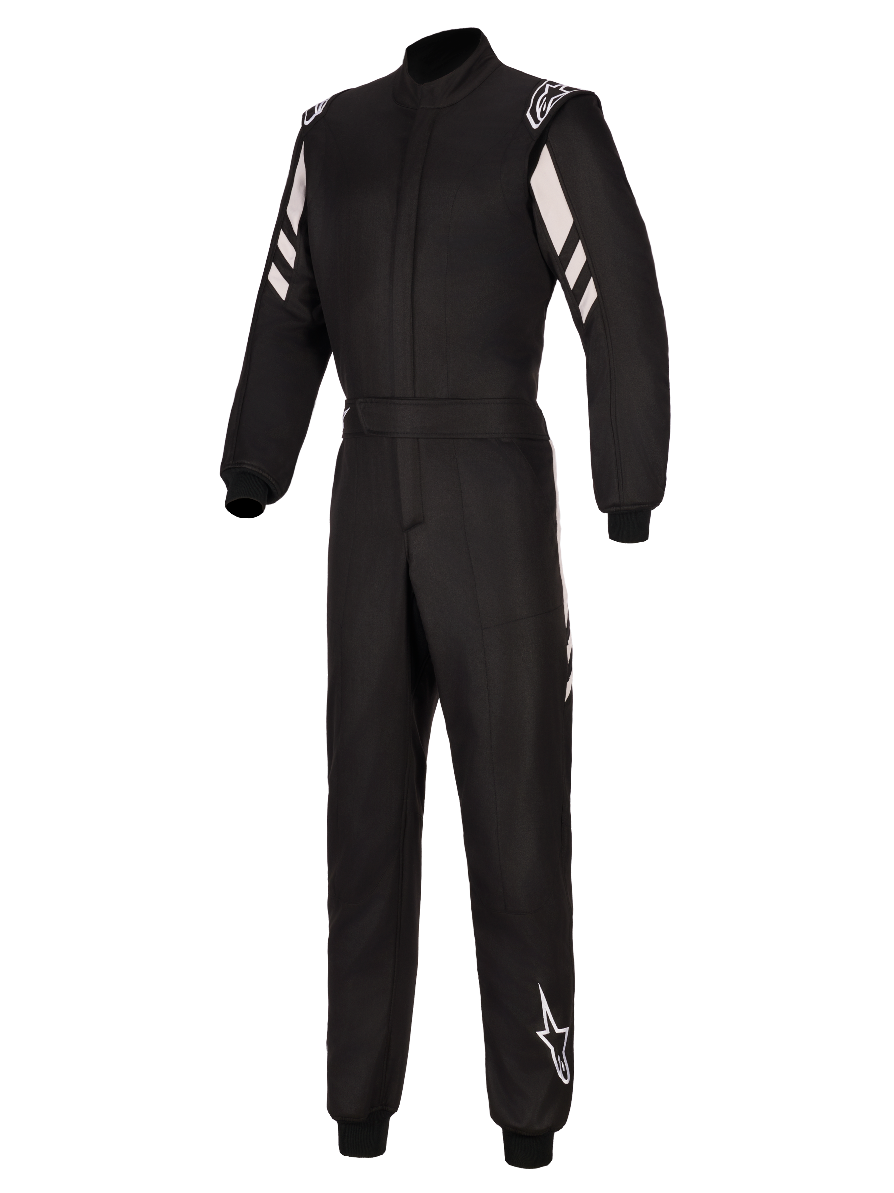 Macacão Alpinestars GP Race V3 FIA, fato de automobilismo, preto e prateado, com construção de duas camadas, riscas diagonais brancas nos braços, logótipos Alpinestars nos ombros e na parte inferior da perna, punhos canelados e cintura com cinto