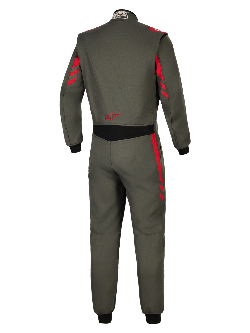 Fato Alpinestars GP Race V3 FIA, fato de automobilismo, Antracite e Vermelho, vista traseira com tecido cinzento escuro e detalhes de riscas vermelhas nos ombros e mangas, painel elástico preto na cintura, logótipo de estrela vermelha na zona lombar, proteção profissional para desportos motorizados