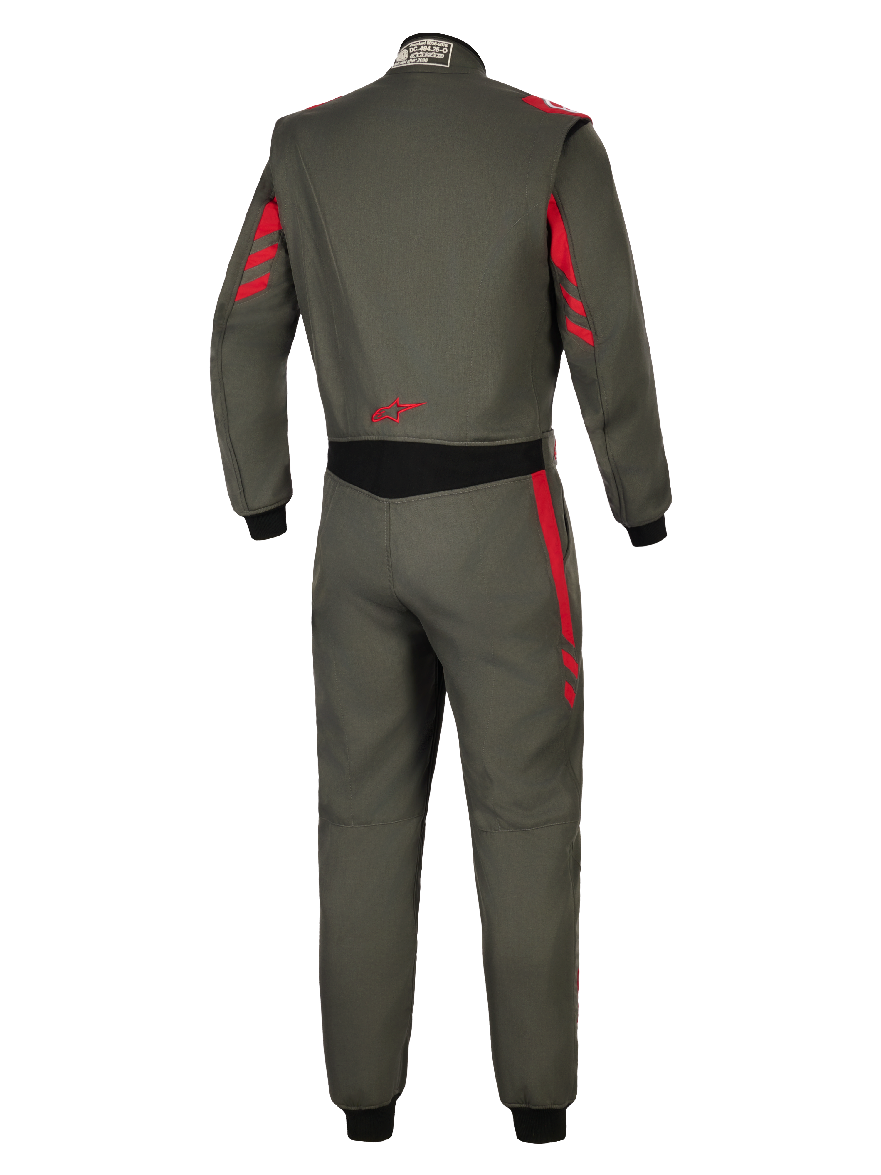 Fato Alpinestars GP Race V3 FIA, fato de automobilismo, Antracite e Vermelho, vista traseira com tecido cinzento escuro e detalhes de riscas vermelhas nos ombros e mangas, painel elástico preto na cintura, logótipo de estrela vermelha na zona lombar, proteção profissional para desportos motorizados