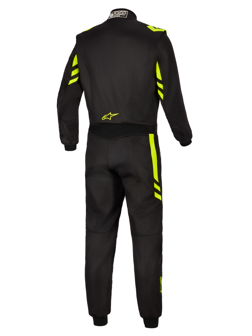 Alpinestars GP Race V3 Suit FIA, fato de automobilismo, preto e amarelo fluorescente, vista traseira mostrando pormenores em amarelo fluorescente nos ombros e pernas, pequeno logótipo amarelo na parte inferior das costas e etiqueta de certificação FIA na gola.