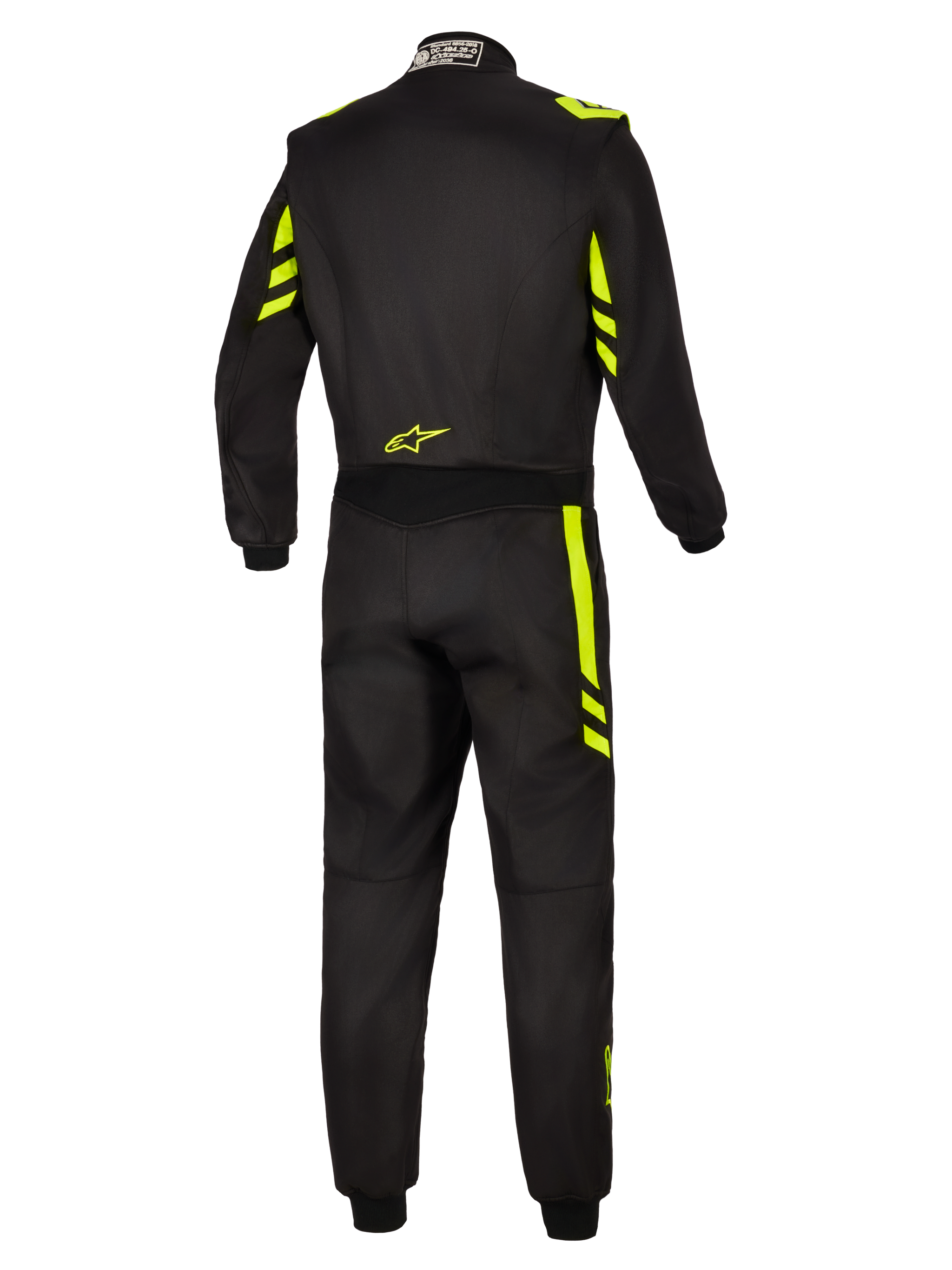 Alpinestars GP Race V3 Suit FIA, fato de automobilismo, preto e amarelo fluorescente, vista traseira mostrando pormenores em amarelo fluorescente nos ombros e pernas, pequeno logótipo amarelo na parte inferior das costas e etiqueta de certificação FIA na gola.